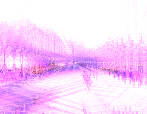 People wearing respiratory masks due to covid walking on the closed city center in metaverse conceptual reality