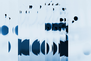 Abstract image featuring a blurred blue and white color scheme creating a digital metaverse aesthetic.