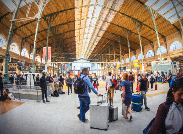 wide angle view of group of tourists with luggage on inside larg Print