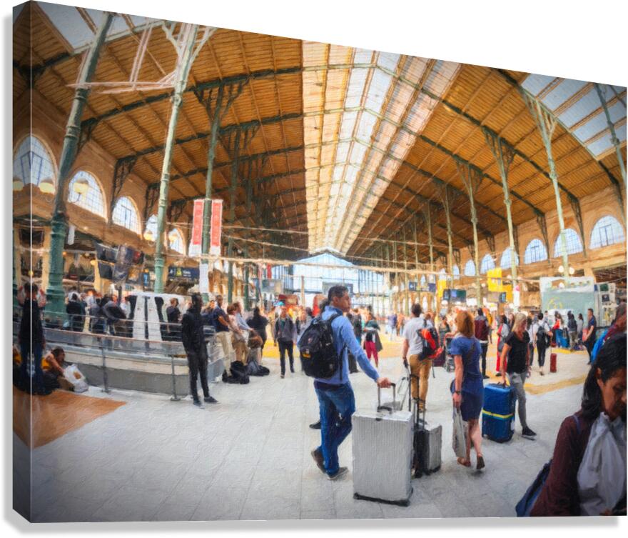 wide angle view of group of tourists with luggage on inside larg Canvas Print