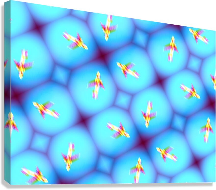 Low view of airplane against blue sky during takeoff or landing in metaverse Canvas Print