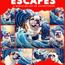 Adventure Magazine Cover with Surfing English Bulldog Poster-Red