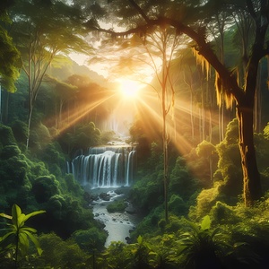 The sun rises over a lush green