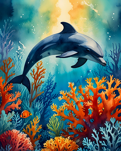 Graceful Dolphin in Coral Paradise   Digital