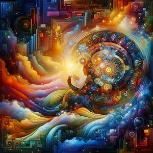 A modern artistic painting with bright colors and precise details that navigates the world of dreams and reality