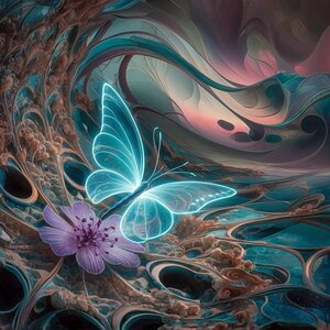 The pattern is adorned with a single glowing neon blue butterfly resting on a delicate