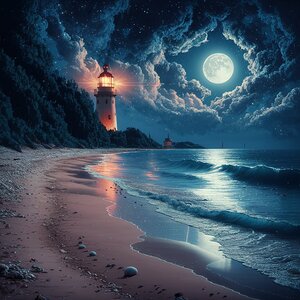 A mesmerizing pixel art representation of a tranquil beach at night