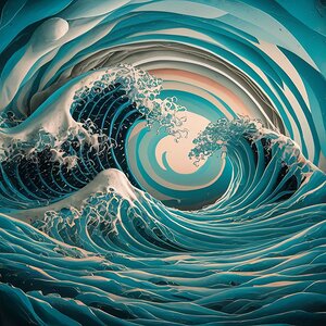 waves wrapped around shapes and colors that embody ideas and dreams with a background that reflects a free and open sky