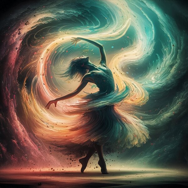 The harmony of light and shadow in a womans dance where colors meet in a mosaic of colors and feelings. Print