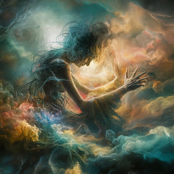 A mesmerizing and surrealist scene where light and darkness intertwine in an endless dance by art home