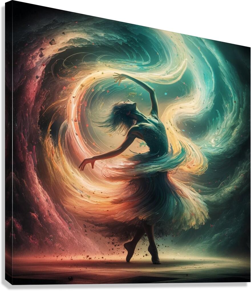 The harmony of light and shadow in a womans dance where colors meet in a mosaic of colors and feelings. Canvas Print