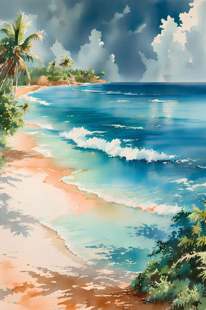 Watercolor style painting of Serene Cayman Islands Beach Tropical Paradise In New Jersey-UN24