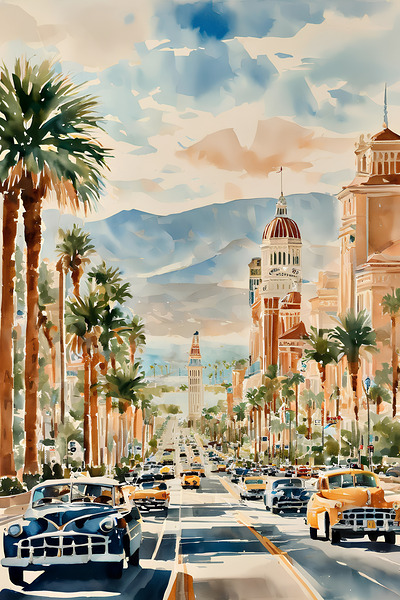 Watercolor Style Painting of Lively Las Vegas Boulevard with Iconic Clock Tower-UN44  Print