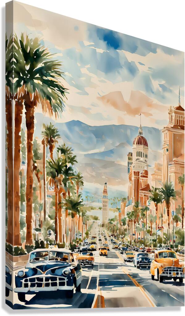 Watercolor Style Painting of Lively Las Vegas Boulevard with Iconic Clock Tower-UN44  Canvas Print
