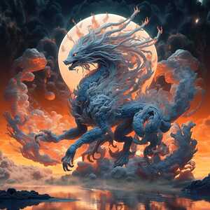 Fiery Dragon Full Moon Japanese Themed Vintage Artwork Top Shelf Photographic Print - One Of A Kind Dark Art Fantasy 