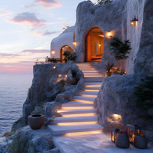 Vintage Modern Orange oil Painting of Santorini 