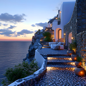 Beautiful Vintage Modern Blue Oil Painting of Santorini