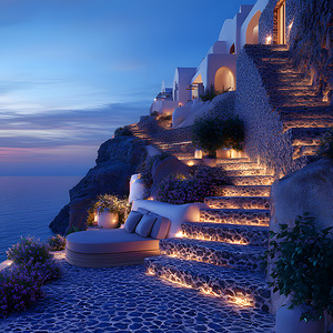 Beautiful Vintage Modern Blue Oil Painting of Santorini