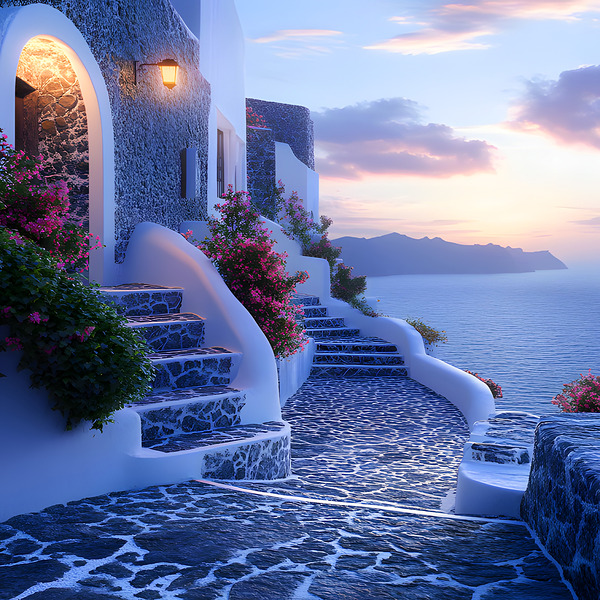 Beautiful Vintage Modern Blue Oil Painting of Santorini Print