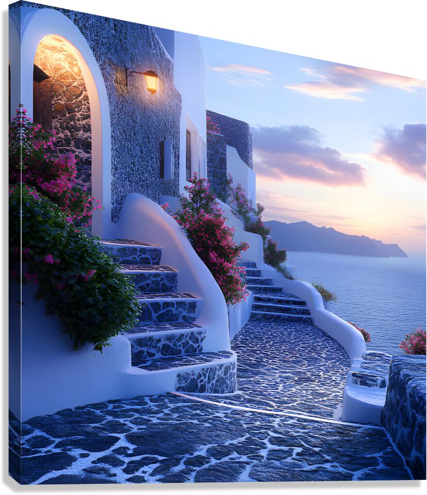 Beautiful Vintage Modern Blue Oil Painting of Santorini Canvas Print