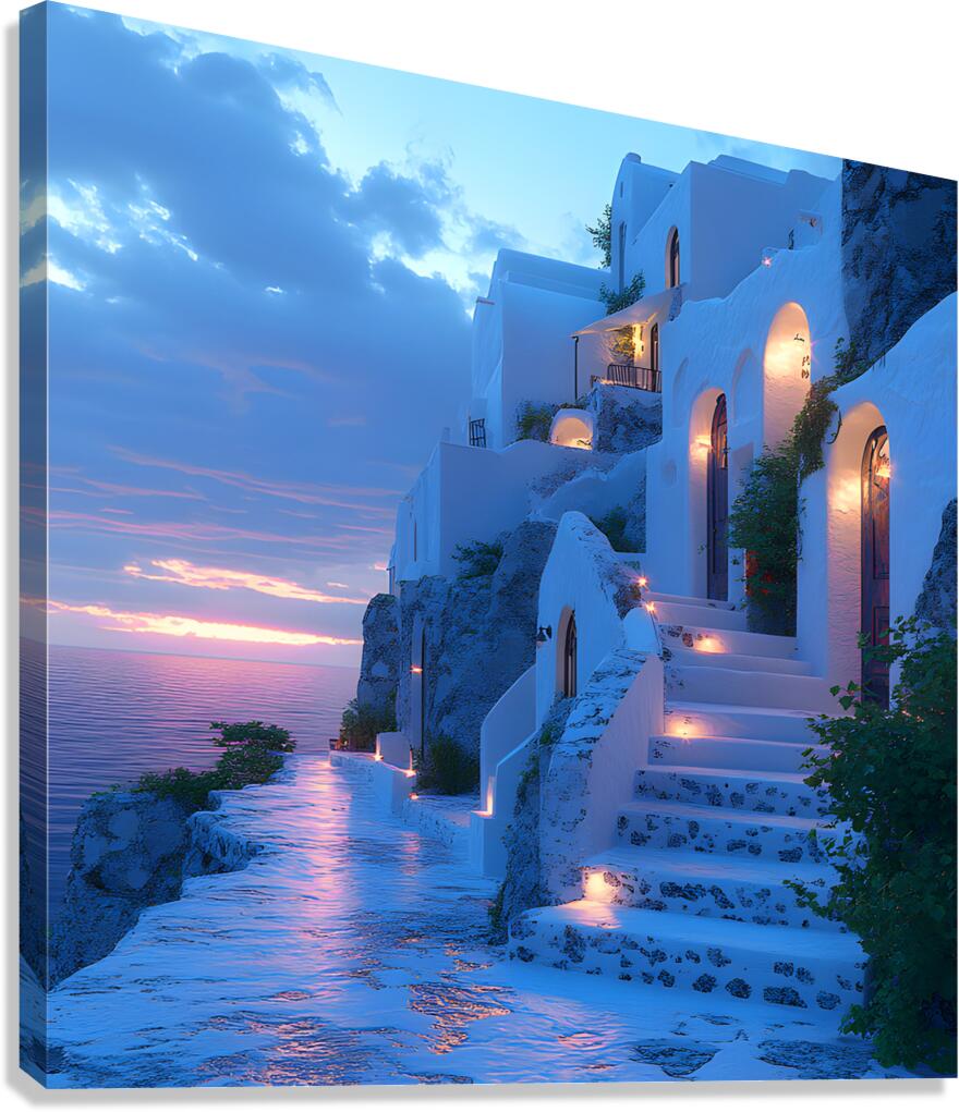 Beautiful Vintage Modern Blue Oil Painting of Santorini Canvas Print