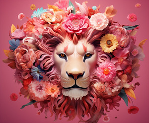 Black Digital Art lion head with colorful floral