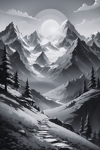 Black and white mountain landscape mural