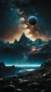 A starry sky with a distant planet in the backg