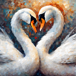 Oil painting of two swans making a love heart
