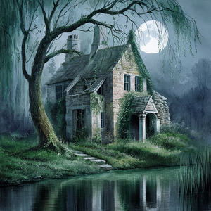 An enchanting scene of a crumbling stone house.