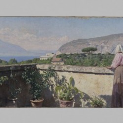 Femme sur la terrasse de l hotel Cocumella Vue sur le Vesuve