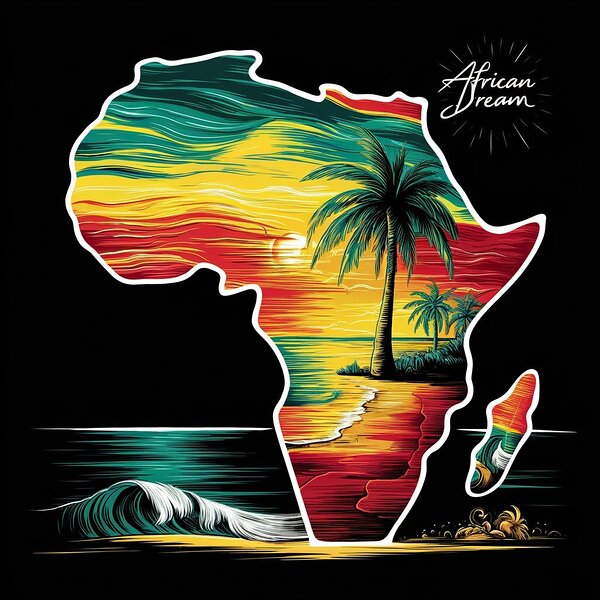 A captivating and striking conceptual illustration of a tropical African beach scene within the silhouette of the African continent by DigiPLUS+