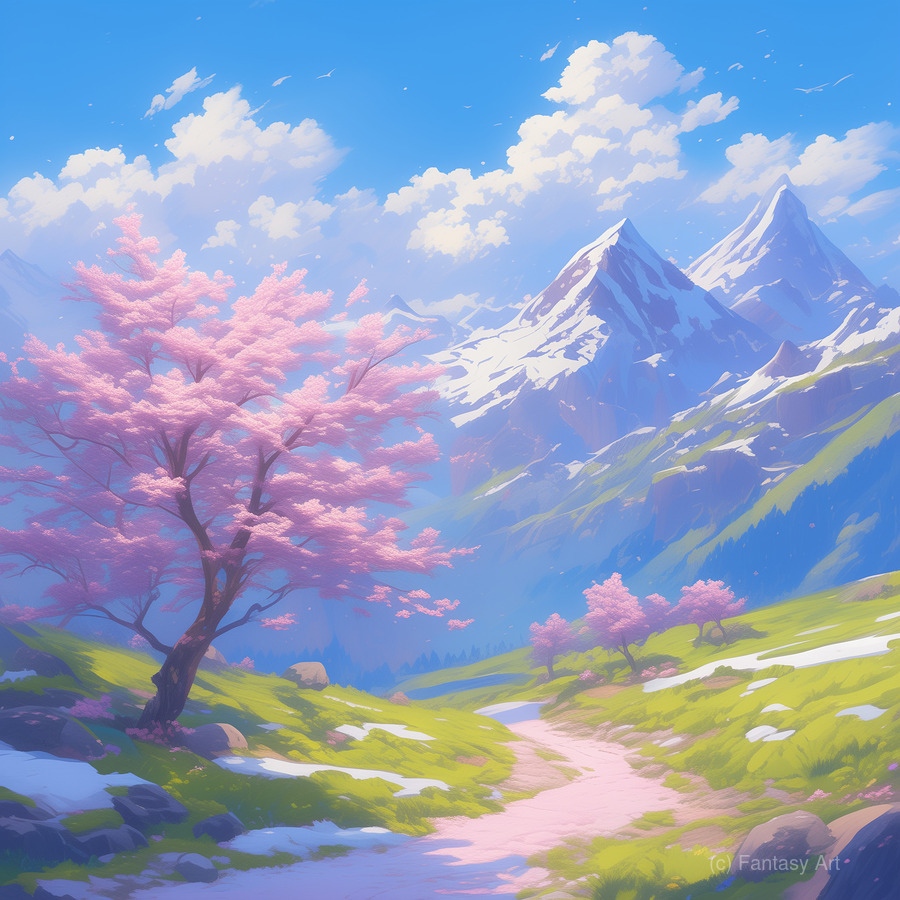 Cherry Blossom Tree Landscape by Fantasy Art Wall Art