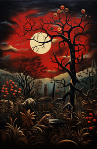 Mystical Moonlit Red Forest in Red