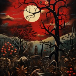 Mystical Moonlit Red Forest in Red