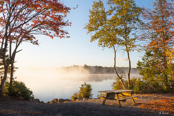 Picnic table in morning mist by Hugh Chisholm Photography