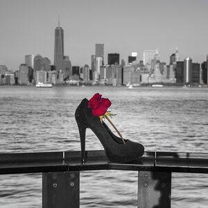 Female high heel shoe with red rose New York