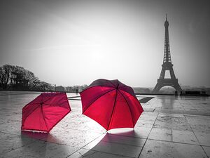 Two Umbrellas in front of the Eiffel tower Paris France