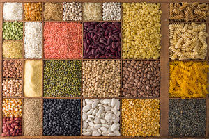 Variety of pulses in a wooden box
