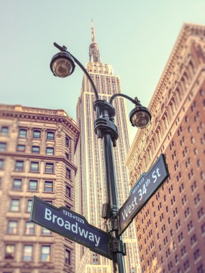 Street lamp and street signs with Empire State building in background - New York