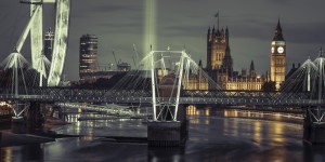 Night view of the London Eye, Golden Jubilee bridge and Westminster, London, UK