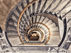 Spiral staircase from above in a building, Birmingham, UK