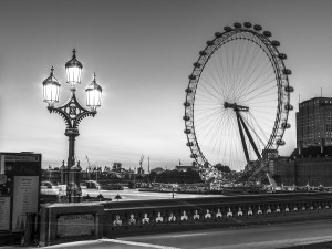 Street lamp on Westminster Bridge with London Eye in background, London, UK