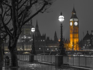 London cityscape in evening from Thames promenade