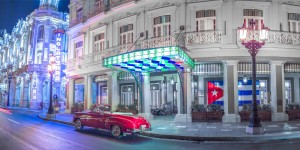 Vintage car outside hotel Inglatera, Havana, Cuba