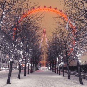 London Eye at night with trees in the foreground lit with lights and snow on the pathway, London, UK