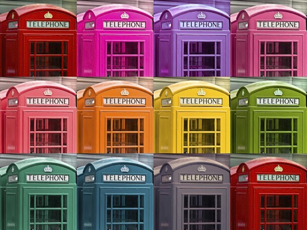 Multicoloured telephone boxes Print