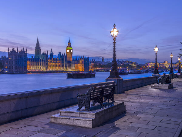 Benches on Thames promenade Print