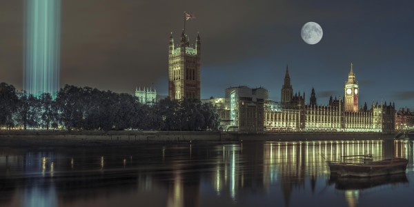 Column of spectra lights with Westminster Abby, London, UK Print