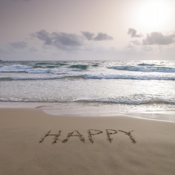 Sand writing - Word Happy written on beach  Print